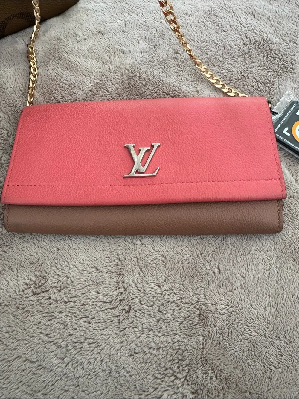 Louis Vuitton Pink and Brown Crossbody Wallet with Gold Chain